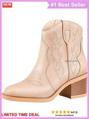 Embroidered Western Cowboy Ankle Boots Round Toe Chunky Block Heel